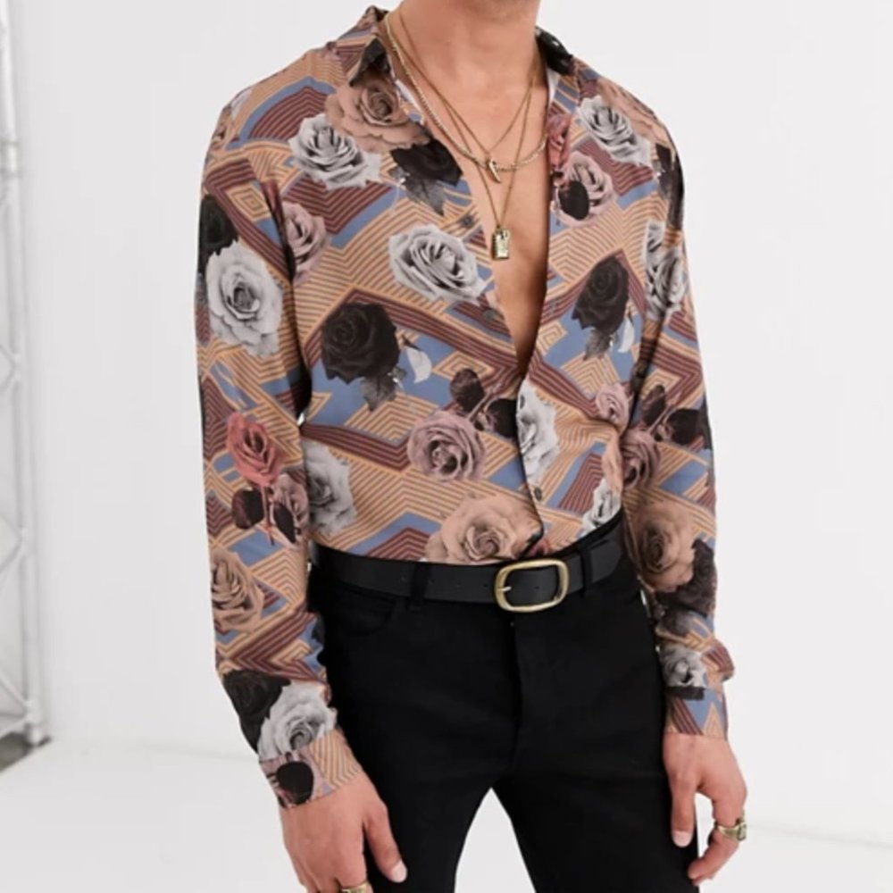 Asos Design Floral Geometric Print Button Up Regul